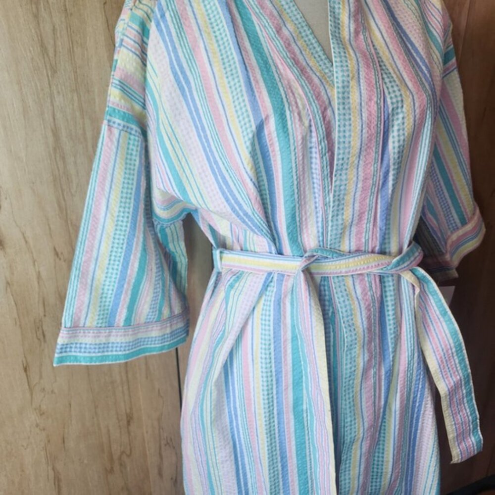 Deadstock Sentiments Pastel Striped Seersucker Cotton Robe Pink Blue Womens M - Picture 5 of 7